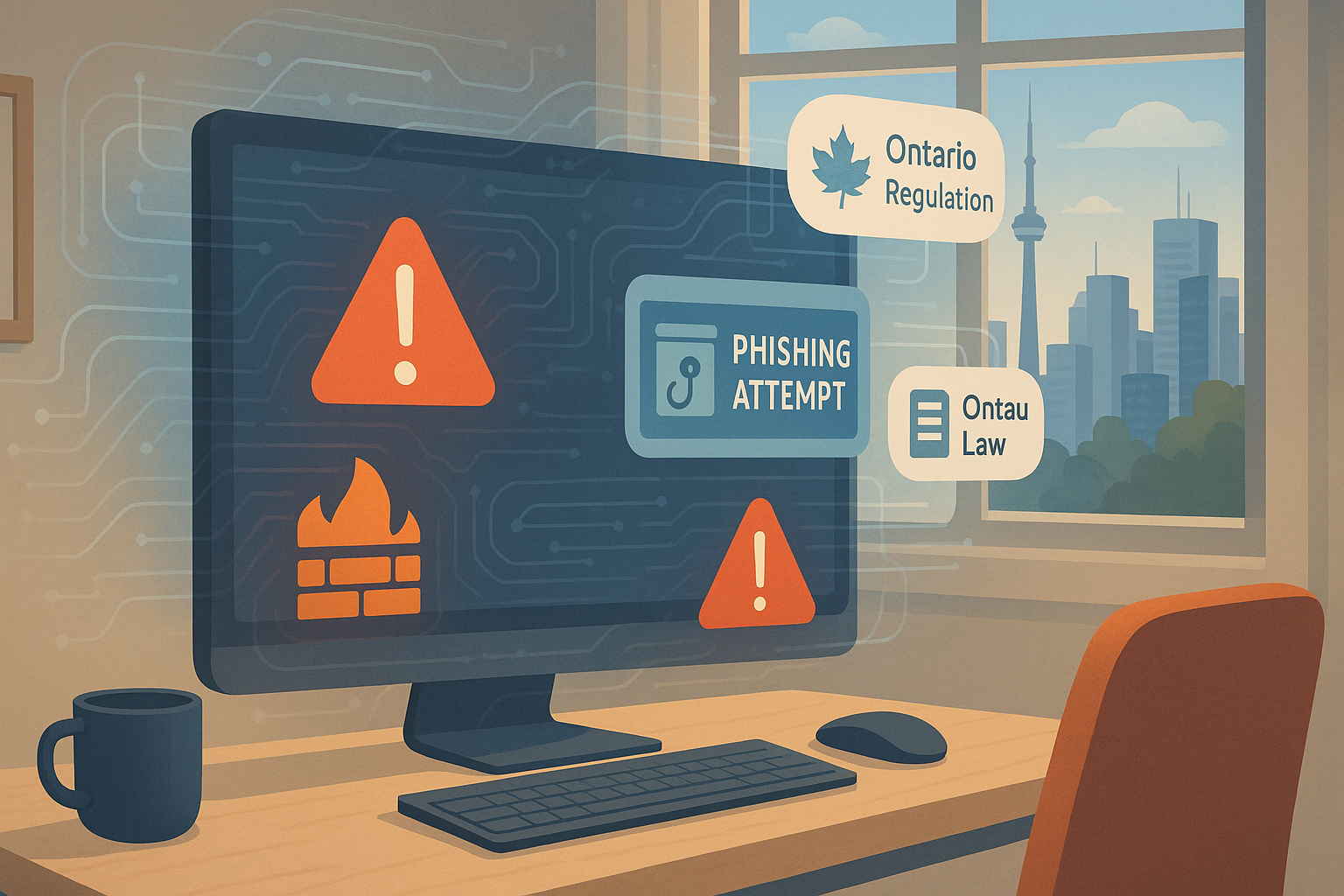 Computer screen in office showing phishing alert, firewall icon, and warning symbols with Ontario regulations and city skyline in the background, representing cyber threats faced by businesses in Barrie Ontario.