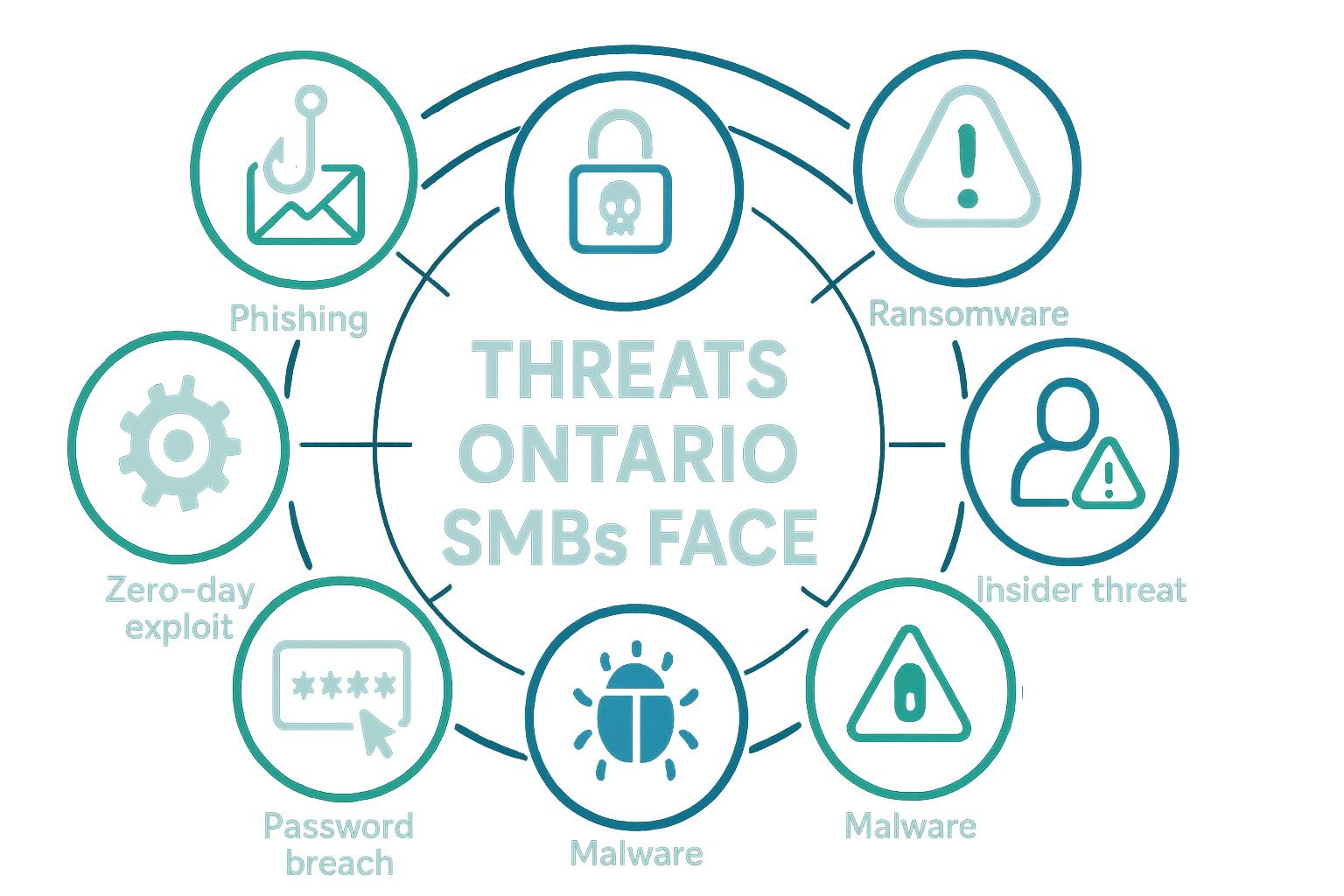 Circular infographic displaying top cyber threats for Ontario businesses including phishing ransomware malware password breach zero day exploits and insider threats