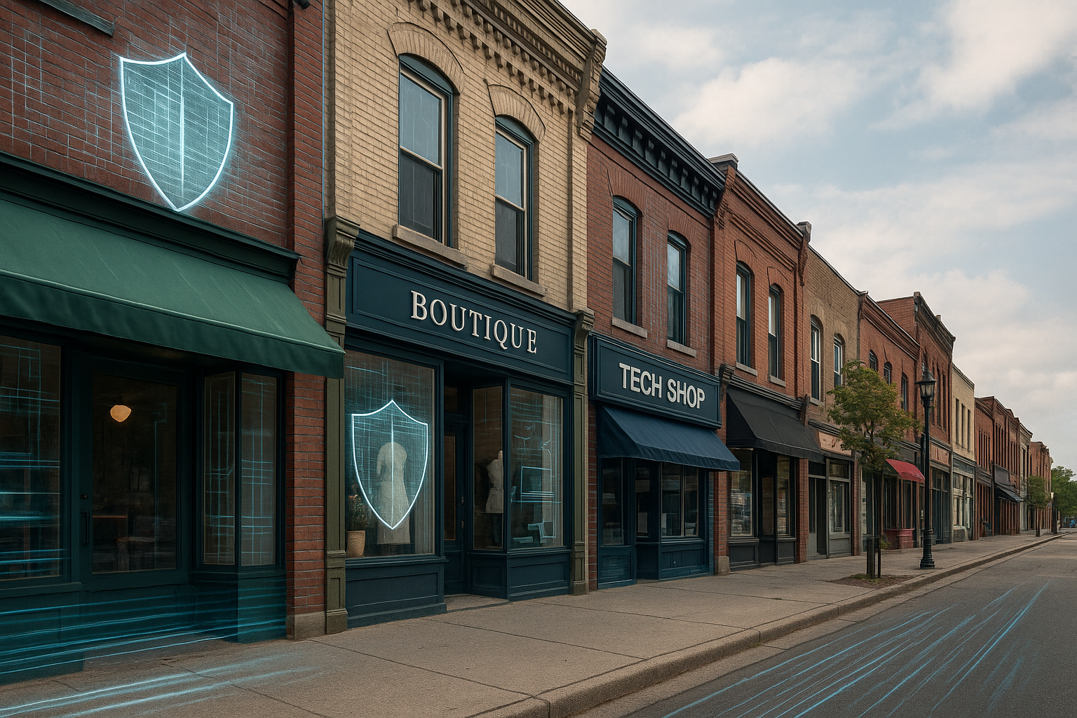 Downtown Barrie storefronts with digital shield graphics symbolizing cyber security and IT management protection for local businesses