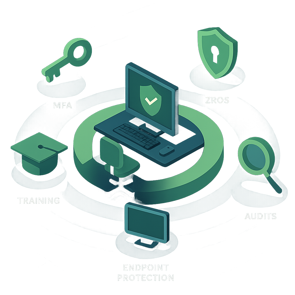 Illustration of a secure computer surrounded by icons representing training, MFA, zero trust, audits, and endpoint protection, highlighting cyber threat prevention for businesses in Barrie Ontario