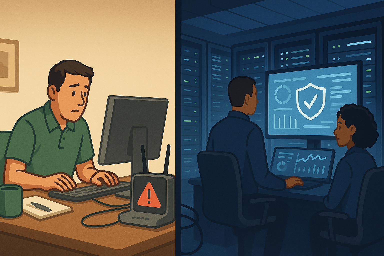 Split scene showing a worried office worker facing a network issue on his computer while cybersecurity professionals monitor secure systems in a server room, representing how businesses in Barrie Ontario face modern cyber threats and rely on IT services for protection.