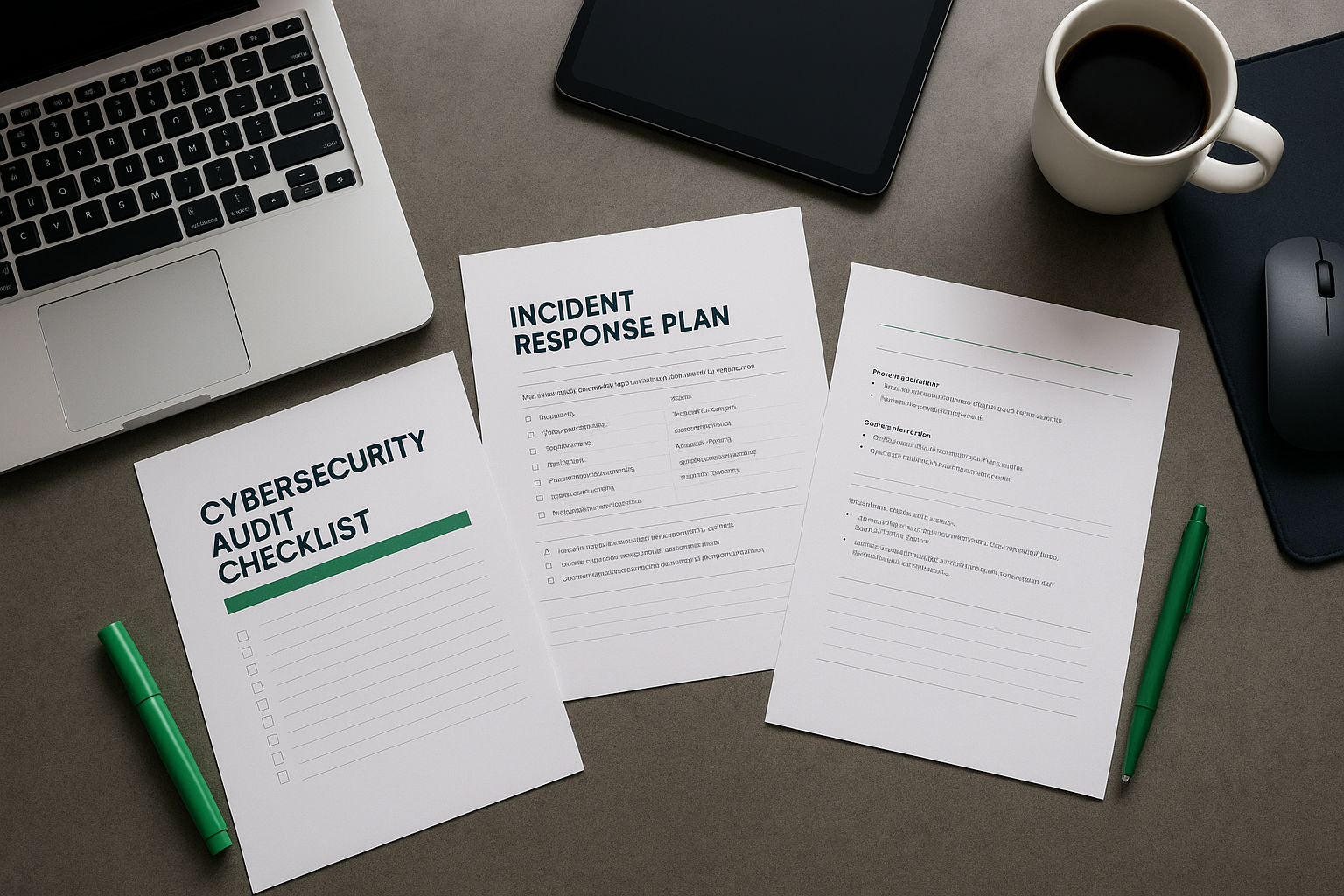 Desk with cybersecurity audit checklist, incident response plan documents, laptop, tablet, mouse, green pens, and coffee cup, illustrating business cyber threat preparedness in Barrie Ontario