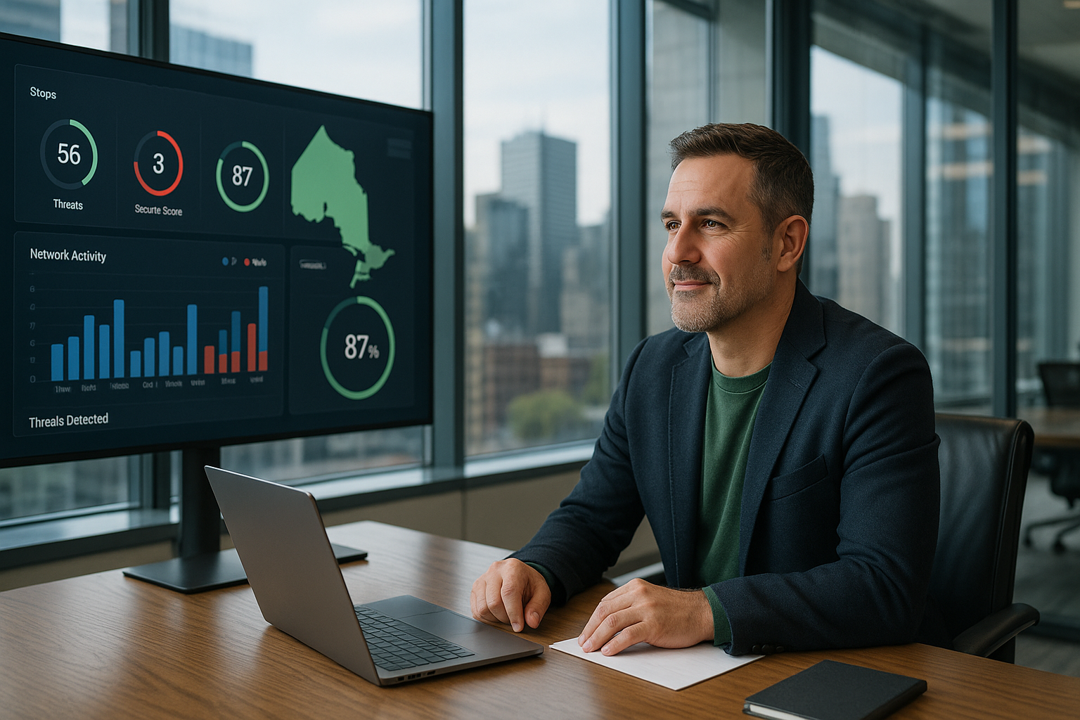 Cybersecurity expert in a modern office in Barrie ON monitoring threat detection dashboards on a large screen showing network activity and statistics for Ontario.