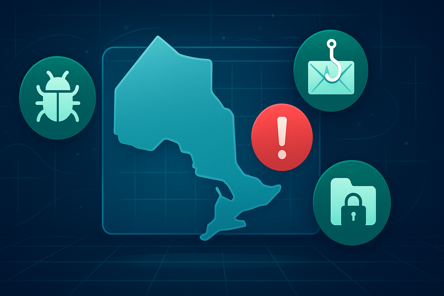 Illustration of Ontario map surrounded by icons representing malware, phishing, security alerts, and data protection, highlighting cybersecurity threat detection techniques in Ontario