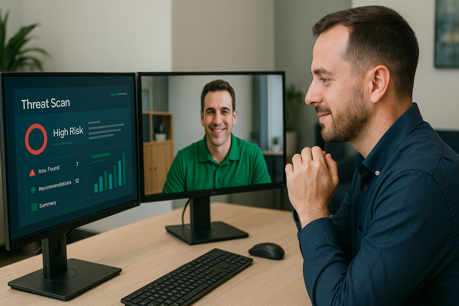 IT professional in an office analyzing a high-risk cybersecurity threat scan on dual monitors during a video call, representing advanced threat detection techniques in Barrie Ontario