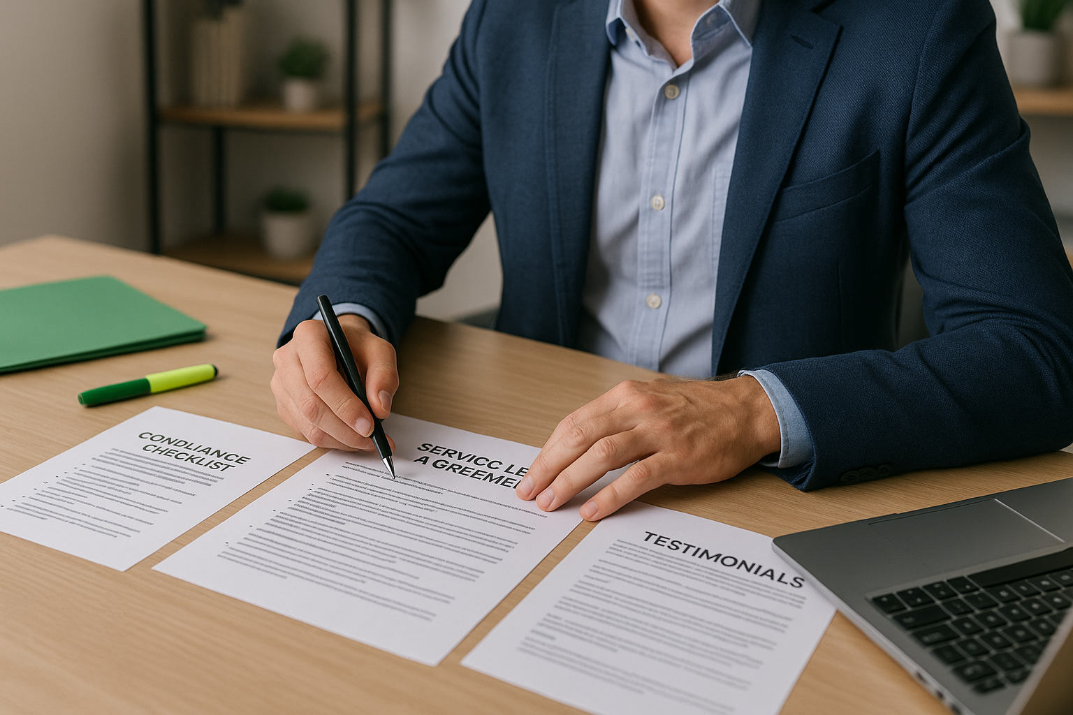 Business professional reviewing IT management service agreement, compliance checklist, and testimonials documents at a tidy desk, with a laptop and green folder, representing valued aspects of IT management services in Barrie ON.