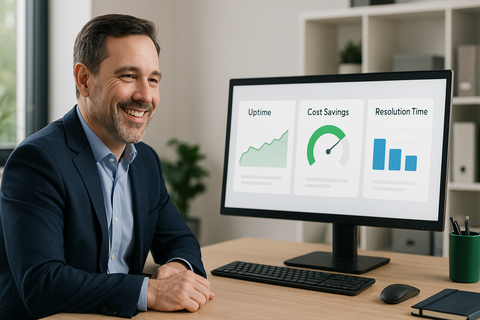 Business professional smiling at desk with computer screen displaying IT management service metrics including uptime cost savings and resolution time
